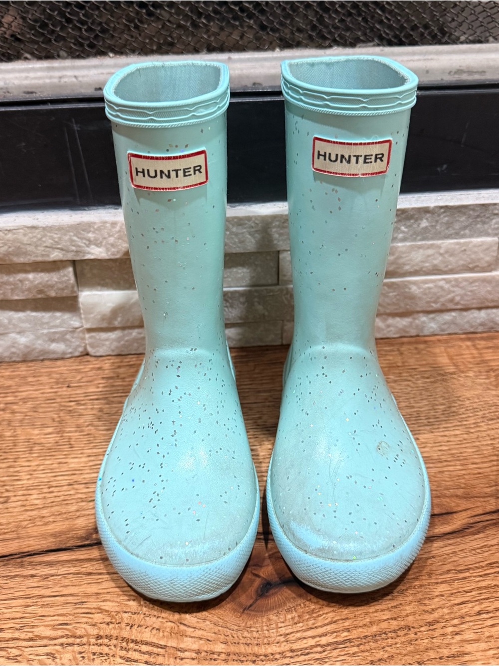 Hunter Kids baby blue Glitter Splash Rain Boots